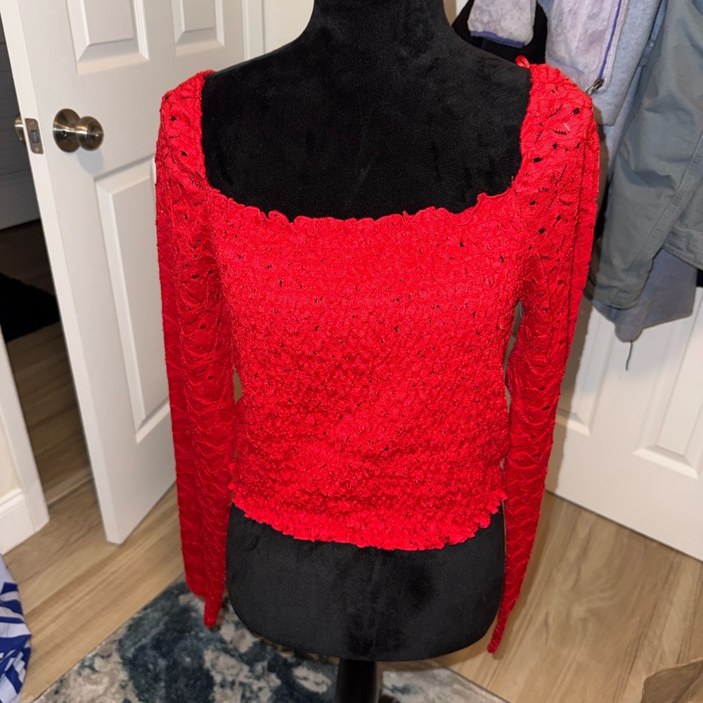 Francesca’s Elegant Red Crochet Off Shoulder Top Sz.XL